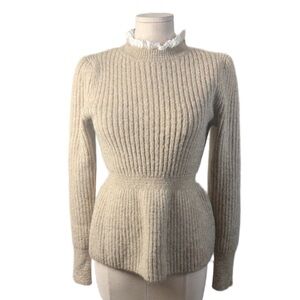 Lea & Viola Tan & White with Ruffle Detail. Sweater. New with Tags.